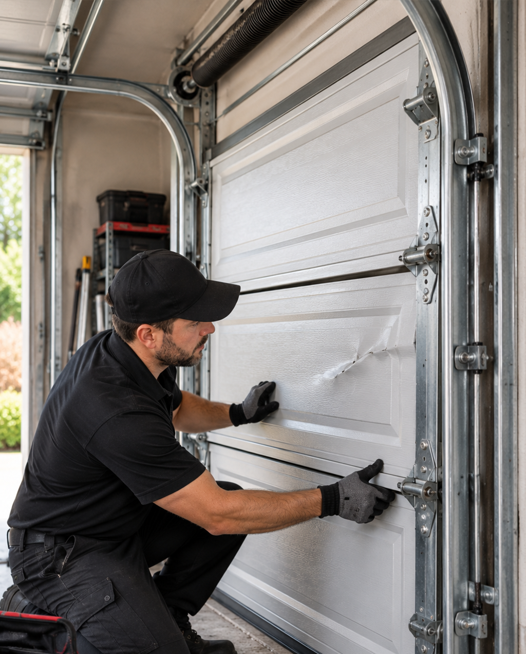 Garage Door Panel Repair CA sectional door movement and connected hardware