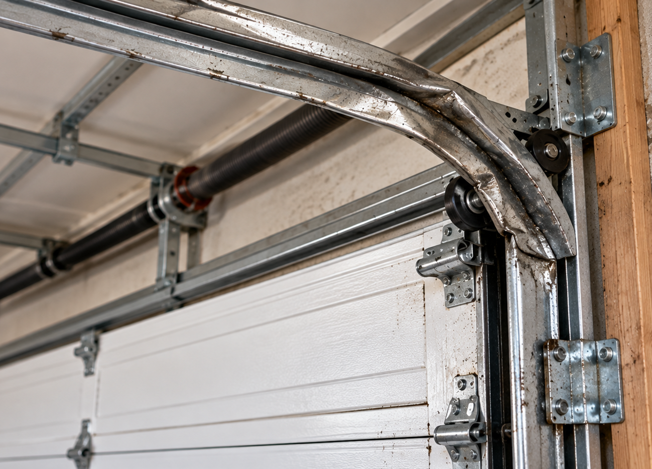 Garage door track before repair